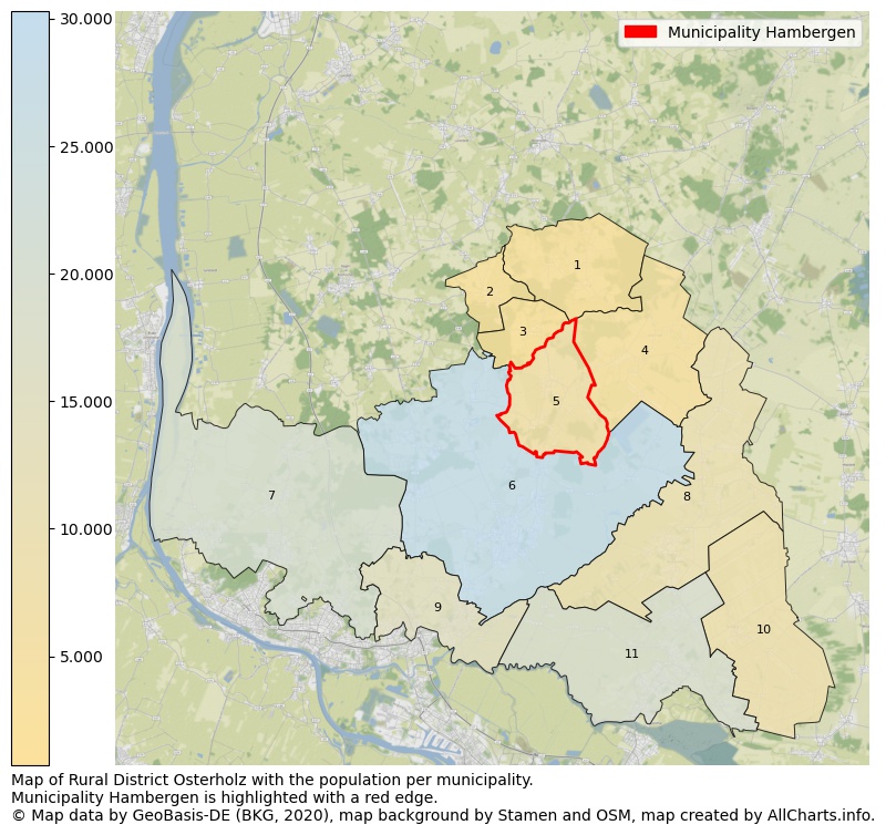 Map of Rural district Osterholz with the population per municipality.Municipality Hambergen is highlighted with a red edge.. This page shows a lot of information about residents (such as the distribution by age groups, family composition, gender, native or German with an immigration background, ...), homes (numbers, types, price development, use, type of property, ...) and more (car ownership, energy consumption, ...) based on open data from the German Federal Agency for Cartography, the Federal Statistical Office (DESTATIS), the Regional Statistical Offices and various other sources!