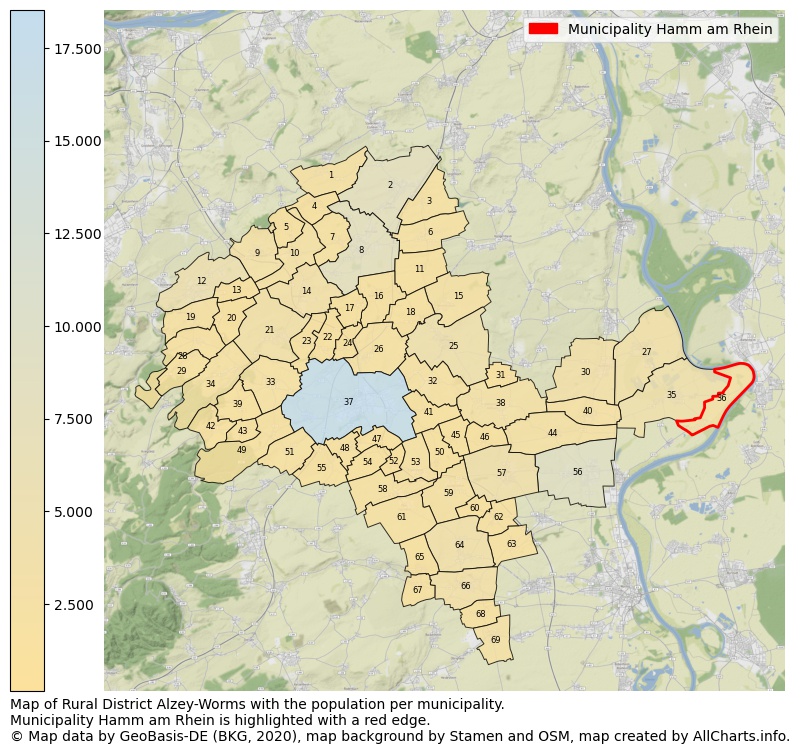 Map of Rural district Alzey-Worms with the population per municipality.Municipality Hamm am Rhein is highlighted with a red edge.. This page shows a lot of information about residents (such as the distribution by age groups, family composition, gender, native or German with an immigration background, ...), homes (numbers, types, price development, use, type of property, ...) and more (car ownership, energy consumption, ...) based on open data from the German Federal Agency for Cartography, the Federal Statistical Office (DESTATIS), the Regional Statistical Offices and various other sources!