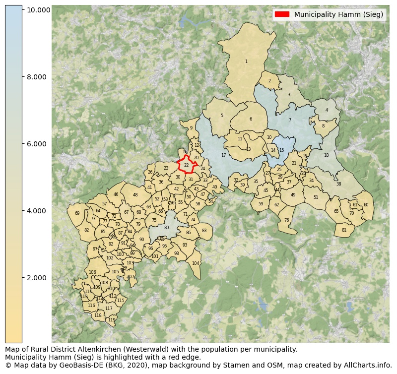 Map of Rural district Altenkirchen (Westerwald) with the population per municipality.Municipality Hamm (Sieg) is highlighted with a red edge.. This page shows a lot of information about residents (such as the distribution by age groups, family composition, gender, native or German with an immigration background, ...), homes (numbers, types, price development, use, type of property, ...) and more (car ownership, energy consumption, ...) based on open data from the German Federal Agency for Cartography, the Federal Statistical Office (DESTATIS), the Regional Statistical Offices and various other sources!
