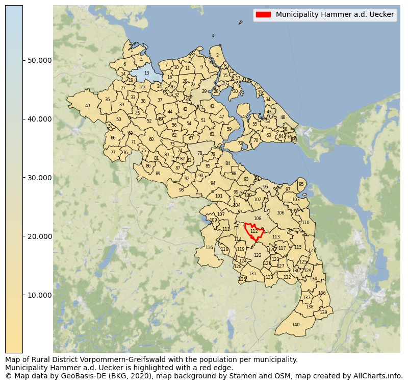 Map of Rural district Vorpommern-Greifswald with the population per municipality.Municipality Hammer a.d. Uecker is highlighted with a red edge.. This page shows a lot of information about residents (such as the distribution by age groups, family composition, gender, native or German with an immigration background, ...), homes (numbers, types, price development, use, type of property, ...) and more (car ownership, energy consumption, ...) based on open data from the German Federal Agency for Cartography, the Federal Statistical Office (DESTATIS), the Regional Statistical Offices and various other sources!