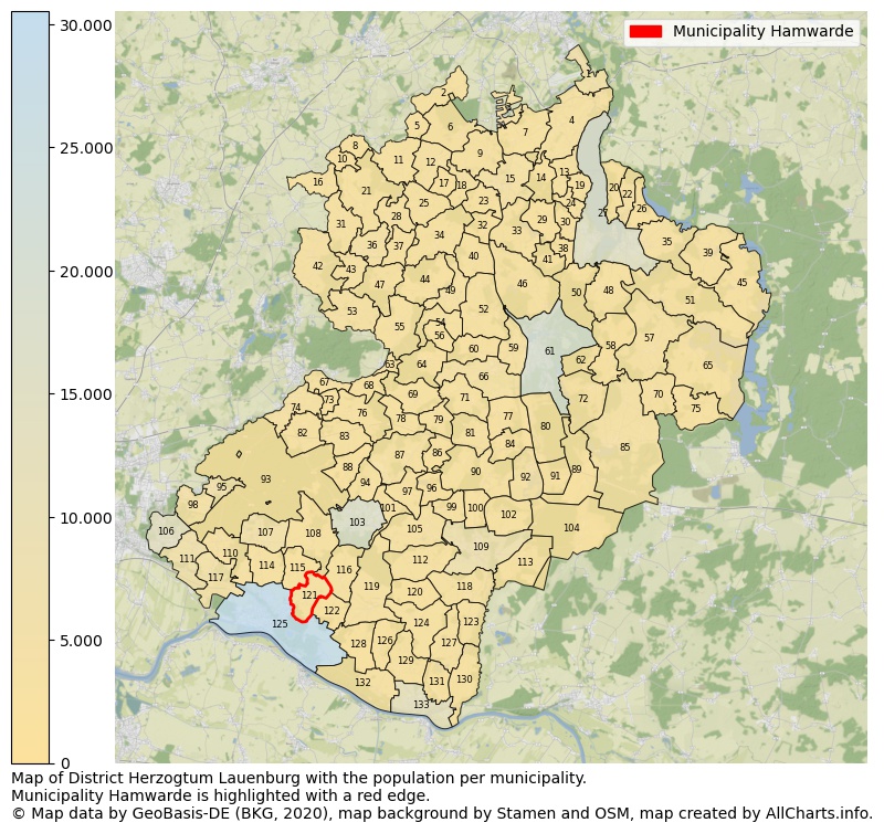 Map of District Herzogtum Lauenburg with the population per municipality.Municipality Hamwarde is highlighted with a red edge.. This page shows a lot of information about residents (such as the distribution by age groups, family composition, gender, native or German with an immigration background, ...), homes (numbers, types, price development, use, type of property, ...) and more (car ownership, energy consumption, ...) based on open data from the German Federal Agency for Cartography, the Federal Statistical Office (DESTATIS), the Regional Statistical Offices and various other sources!