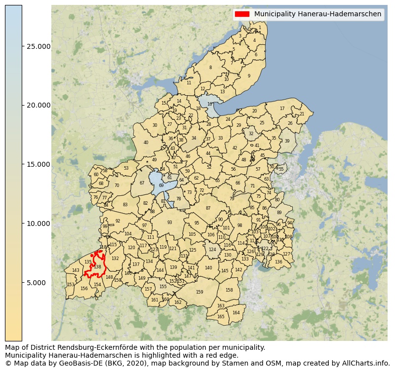 Map of District Rendsburg-Eckernförde with the population per municipality.Municipality Hanerau-Hademarschen is highlighted with a red edge.. This page shows a lot of information about residents (such as the distribution by age groups, family composition, gender, native or German with an immigration background, ...), homes (numbers, types, price development, use, type of property, ...) and more (car ownership, energy consumption, ...) based on open data from the German Federal Agency for Cartography, the Federal Statistical Office (DESTATIS), the Regional Statistical Offices and various other sources!
