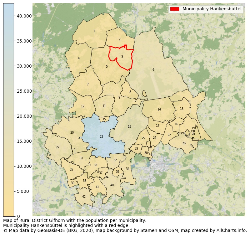Map of Rural district Gifhorn with the population per municipality.Municipality Hankensbüttel is highlighted with a red edge.. This page shows a lot of information about residents (such as the distribution by age groups, family composition, gender, native or German with an immigration background, ...), homes (numbers, types, price development, use, type of property, ...) and more (car ownership, energy consumption, ...) based on open data from the German Federal Agency for Cartography, the Federal Statistical Office (DESTATIS), the Regional Statistical Offices and various other sources!