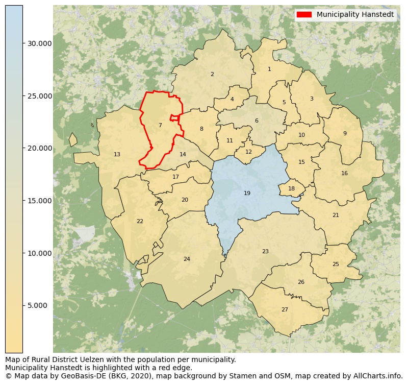Map of Rural district Uelzen with the population per municipality.Municipality Hanstedt is highlighted with a red edge.. This page shows a lot of information about residents (such as the distribution by age groups, family composition, gender, native or German with an immigration background, ...), homes (numbers, types, price development, use, type of property, ...) and more (car ownership, energy consumption, ...) based on open data from the German Federal Agency for Cartography, the Federal Statistical Office (DESTATIS), the Regional Statistical Offices and various other sources!