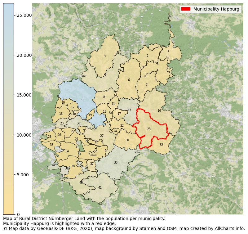 Map of Rural district Nürnberger Land with the population per municipality.Municipality Happurg is highlighted with a red edge.. This page shows a lot of information about residents (such as the distribution by age groups, family composition, gender, native or German with an immigration background, ...), homes (numbers, types, price development, use, type of property, ...) and more (car ownership, energy consumption, ...) based on open data from the German Federal Agency for Cartography, the Federal Statistical Office (DESTATIS), the Regional Statistical Offices and various other sources!