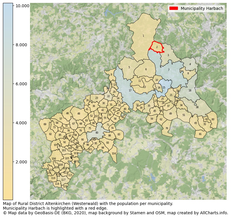 Map of Rural district Altenkirchen (Westerwald) with the population per municipality.Municipality Harbach is highlighted with a red edge.. This page shows a lot of information about residents (such as the distribution by age groups, family composition, gender, native or German with an immigration background, ...), homes (numbers, types, price development, use, type of property, ...) and more (car ownership, energy consumption, ...) based on open data from the German Federal Agency for Cartography, the Federal Statistical Office (DESTATIS), the Regional Statistical Offices and various other sources!