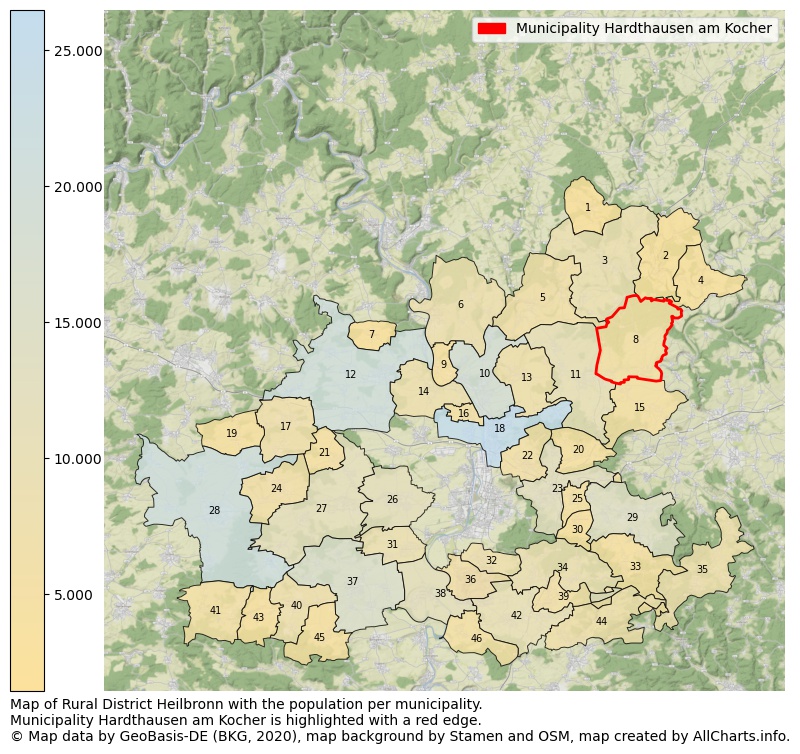 Map of Rural district Heilbronn with the population per municipality.Municipality Hardthausen am Kocher is highlighted with a red edge.. This page shows a lot of information about residents (such as the distribution by age groups, family composition, gender, native or German with an immigration background, ...), homes (numbers, types, price development, use, type of property, ...) and more (car ownership, energy consumption, ...) based on open data from the German Federal Agency for Cartography, the Federal Statistical Office (DESTATIS), the Regional Statistical Offices and various other sources!