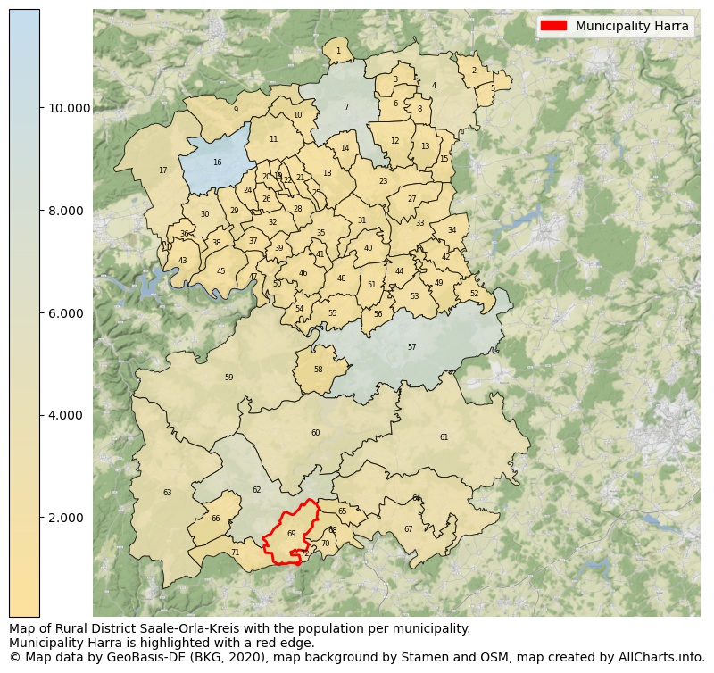 Map of Rural district Saale-Orla-Kreis with the population per municipality.Municipality Harra is highlighted with a red edge.. This page shows a lot of information about residents (such as the distribution by age groups, family composition, gender, native or German with an immigration background, ...), homes (numbers, types, price development, use, type of property, ...) and more (car ownership, energy consumption, ...) based on open data from the German Federal Agency for Cartography, the Federal Statistical Office (DESTATIS), the Regional Statistical Offices and various other sources!