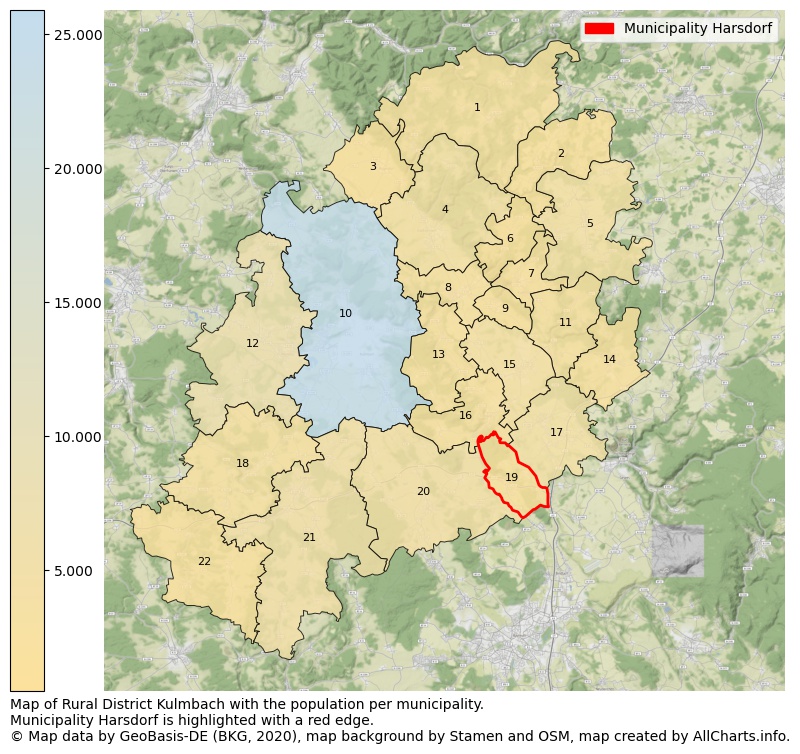 Map of Rural district Kulmbach with the population per municipality.Municipality Harsdorf is highlighted with a red edge.. This page shows a lot of information about residents (such as the distribution by age groups, family composition, gender, native or German with an immigration background, ...), homes (numbers, types, price development, use, type of property, ...) and more (car ownership, energy consumption, ...) based on open data from the German Federal Agency for Cartography, the Federal Statistical Office (DESTATIS), the Regional Statistical Offices and various other sources!