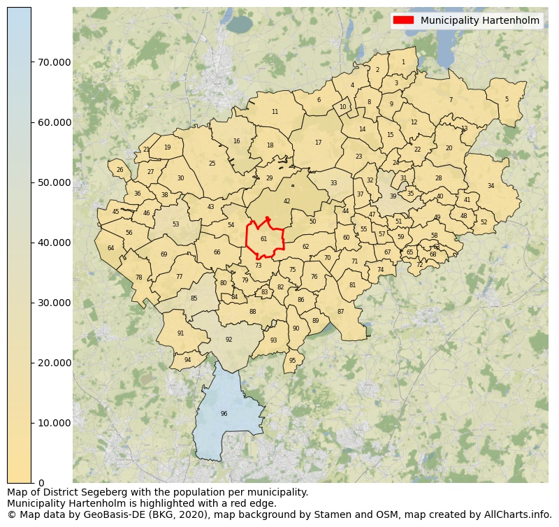 Map of District Segeberg with the population per municipality.Municipality Hartenholm is highlighted with a red edge.. This page shows a lot of information about residents (such as the distribution by age groups, family composition, gender, native or German with an immigration background, ...), homes (numbers, types, price development, use, type of property, ...) and more (car ownership, energy consumption, ...) based on open data from the German Federal Agency for Cartography, the Federal Statistical Office (DESTATIS), the Regional Statistical Offices and various other sources!