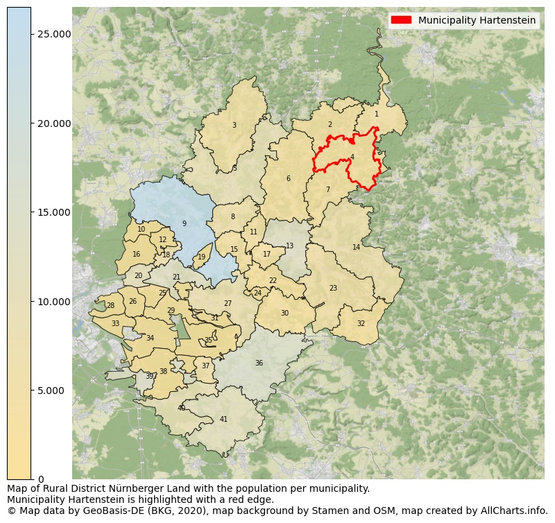 Map of Rural district Nürnberger Land with the population per municipality.Municipality Hartenstein is highlighted with a red edge.. This page shows a lot of information about residents (such as the distribution by age groups, family composition, gender, native or German with an immigration background, ...), homes (numbers, types, price development, use, type of property, ...) and more (car ownership, energy consumption, ...) based on open data from the German Federal Agency for Cartography, the Federal Statistical Office (DESTATIS), the Regional Statistical Offices and various other sources!