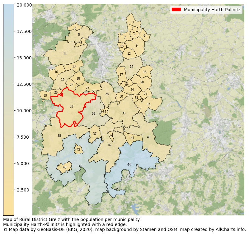 Map of Rural district Greiz with the population per municipality.Municipality Harth-Pöllnitz is highlighted with a red edge.. This page shows a lot of information about residents (such as the distribution by age groups, family composition, gender, native or German with an immigration background, ...), homes (numbers, types, price development, use, type of property, ...) and more (car ownership, energy consumption, ...) based on open data from the German Federal Agency for Cartography, the Federal Statistical Office (DESTATIS), the Regional Statistical Offices and various other sources!