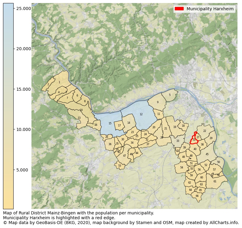 Map of Rural district Mainz-Bingen with the population per municipality.Municipality Harxheim is highlighted with a red edge.. This page shows a lot of information about residents (such as the distribution by age groups, family composition, gender, native or German with an immigration background, ...), homes (numbers, types, price development, use, type of property, ...) and more (car ownership, energy consumption, ...) based on open data from the German Federal Agency for Cartography, the Federal Statistical Office (DESTATIS), the Regional Statistical Offices and various other sources!