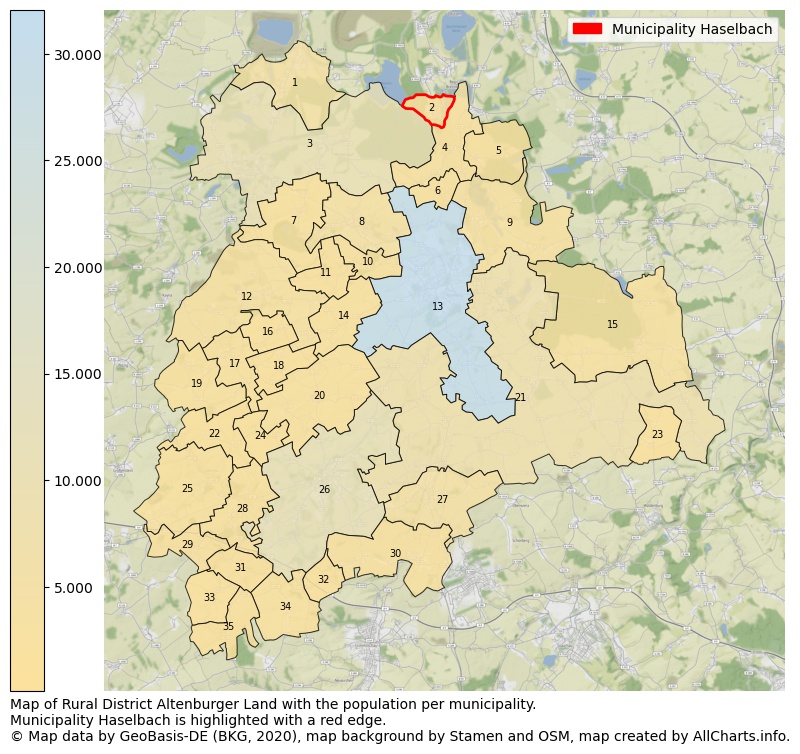 Map of Rural district Altenburger Land with the population per municipality.Municipality Haselbach is highlighted with a red edge.. This page shows a lot of information about residents (such as the distribution by age groups, family composition, gender, native or German with an immigration background, ...), homes (numbers, types, price development, use, type of property, ...) and more (car ownership, energy consumption, ...) based on open data from the German Federal Agency for Cartography, the Federal Statistical Office (DESTATIS), the Regional Statistical Offices and various other sources!