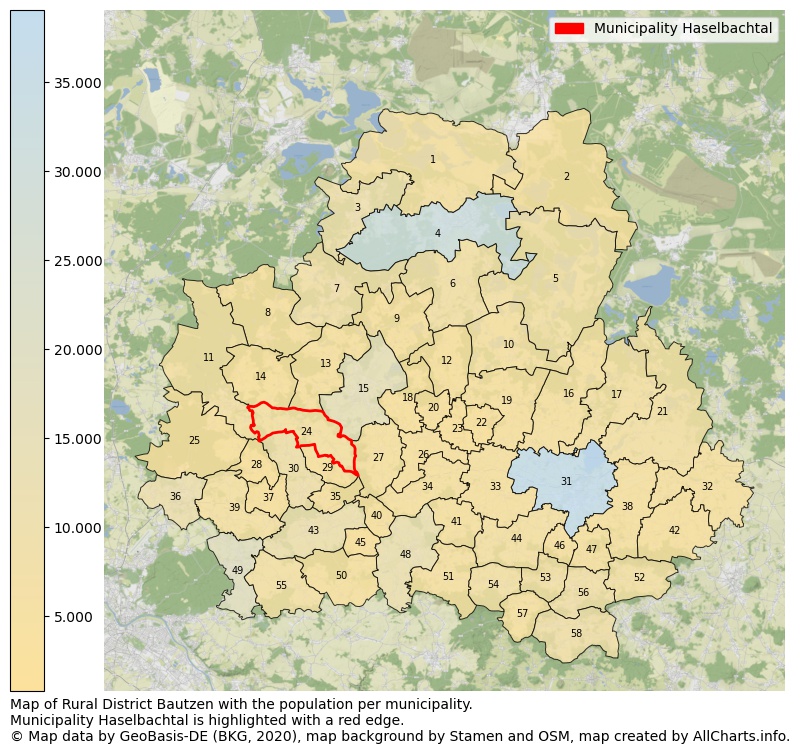 Map of Rural district Bautzen with the population per municipality.Municipality Haselbachtal is highlighted with a red edge.. This page shows a lot of information about residents (such as the distribution by age groups, family composition, gender, native or German with an immigration background, ...), homes (numbers, types, price development, use, type of property, ...) and more (car ownership, energy consumption, ...) based on open data from the German Federal Agency for Cartography, the Federal Statistical Office (DESTATIS), the Regional Statistical Offices and various other sources!