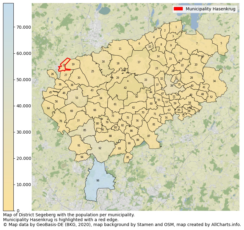 Map of District Segeberg with the population per municipality.Municipality Hasenkrug is highlighted with a red edge.. This page shows a lot of information about residents (such as the distribution by age groups, family composition, gender, native or German with an immigration background, ...), homes (numbers, types, price development, use, type of property, ...) and more (car ownership, energy consumption, ...) based on open data from the German Federal Agency for Cartography, the Federal Statistical Office (DESTATIS), the Regional Statistical Offices and various other sources!