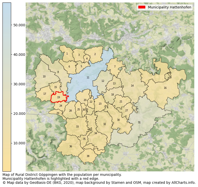 Map of Rural district Göppingen with the population per municipality.Municipality Hattenhofen is highlighted with a red edge.. This page shows a lot of information about residents (such as the distribution by age groups, family composition, gender, native or German with an immigration background, ...), homes (numbers, types, price development, use, type of property, ...) and more (car ownership, energy consumption, ...) based on open data from the German Federal Agency for Cartography, the Federal Statistical Office (DESTATIS), the Regional Statistical Offices and various other sources!
