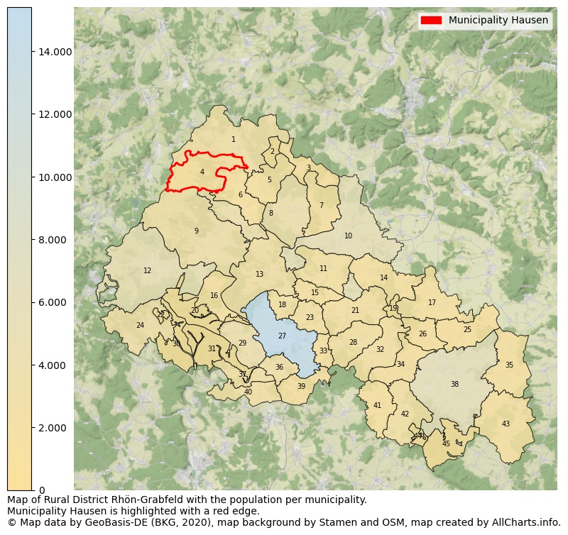 Map of Rural district Rhön-Grabfeld with the population per municipality.Municipality Hausen is highlighted with a red edge.. This page shows a lot of information about residents (such as the distribution by age groups, family composition, gender, native or German with an immigration background, ...), homes (numbers, types, price development, use, type of property, ...) and more (car ownership, energy consumption, ...) based on open data from the German Federal Agency for Cartography, the Federal Statistical Office (DESTATIS), the Regional Statistical Offices and various other sources!