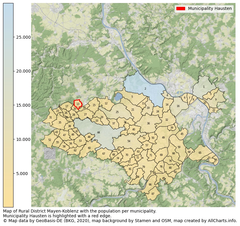 Map of Rural district Mayen-Koblenz with the population per municipality.Municipality Hausten is highlighted with a red edge.. This page shows a lot of information about residents (such as the distribution by age groups, family composition, gender, native or German with an immigration background, ...), homes (numbers, types, price development, use, type of property, ...) and more (car ownership, energy consumption, ...) based on open data from the German Federal Agency for Cartography, the Federal Statistical Office (DESTATIS), the Regional Statistical Offices and various other sources!