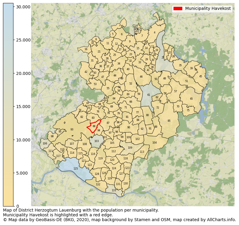 Map of District Herzogtum Lauenburg with the population per municipality.Municipality Havekost is highlighted with a red edge.. This page shows a lot of information about residents (such as the distribution by age groups, family composition, gender, native or German with an immigration background, ...), homes (numbers, types, price development, use, type of property, ...) and more (car ownership, energy consumption, ...) based on open data from the German Federal Agency for Cartography, the Federal Statistical Office (DESTATIS), the Regional Statistical Offices and various other sources!
