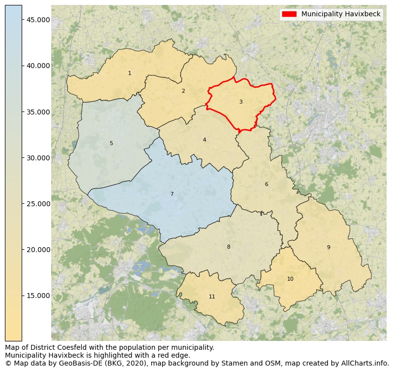 Map of District Coesfeld with the population per municipality.Municipality Havixbeck is highlighted with a red edge.. This page shows a lot of information about residents (such as the distribution by age groups, family composition, gender, native or German with an immigration background, ...), homes (numbers, types, price development, use, type of property, ...) and more (car ownership, energy consumption, ...) based on open data from the German Federal Agency for Cartography, the Federal Statistical Office (DESTATIS), the Regional Statistical Offices and various other sources!