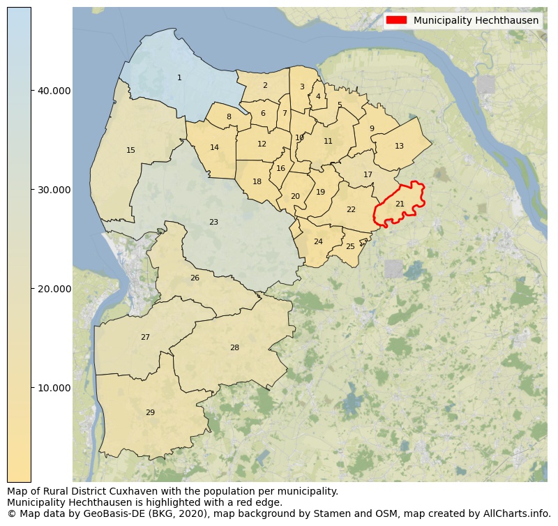 Map of Rural district Cuxhaven with the population per municipality.Municipality Hechthausen is highlighted with a red edge.. This page shows a lot of information about residents (such as the distribution by age groups, family composition, gender, native or German with an immigration background, ...), homes (numbers, types, price development, use, type of property, ...) and more (car ownership, energy consumption, ...) based on open data from the German Federal Agency for Cartography, the Federal Statistical Office (DESTATIS), the Regional Statistical Offices and various other sources!