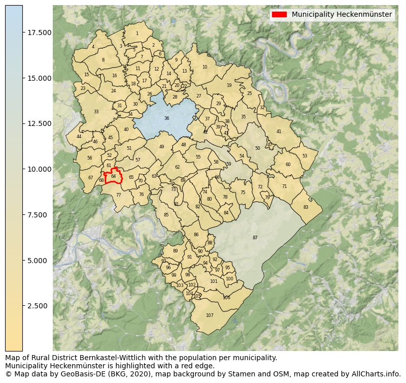 Map of Rural district Bernkastel-Wittlich with the population per municipality.Municipality Heckenmünster is highlighted with a red edge.. This page shows a lot of information about residents (such as the distribution by age groups, family composition, gender, native or German with an immigration background, ...), homes (numbers, types, price development, use, type of property, ...) and more (car ownership, energy consumption, ...) based on open data from the German Federal Agency for Cartography, the Federal Statistical Office (DESTATIS), the Regional Statistical Offices and various other sources!