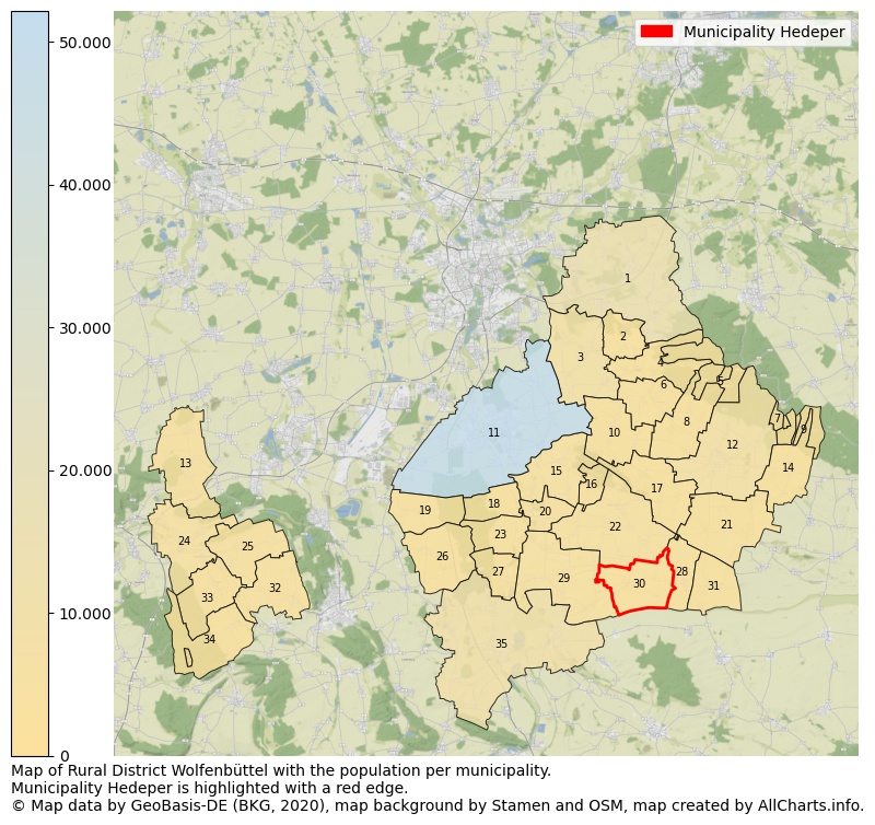 Map of Rural district Wolfenbüttel with the population per municipality.Municipality Hedeper is highlighted with a red edge.. This page shows a lot of information about residents (such as the distribution by age groups, family composition, gender, native or German with an immigration background, ...), homes (numbers, types, price development, use, type of property, ...) and more (car ownership, energy consumption, ...) based on open data from the German Federal Agency for Cartography, the Federal Statistical Office (DESTATIS), the Regional Statistical Offices and various other sources!