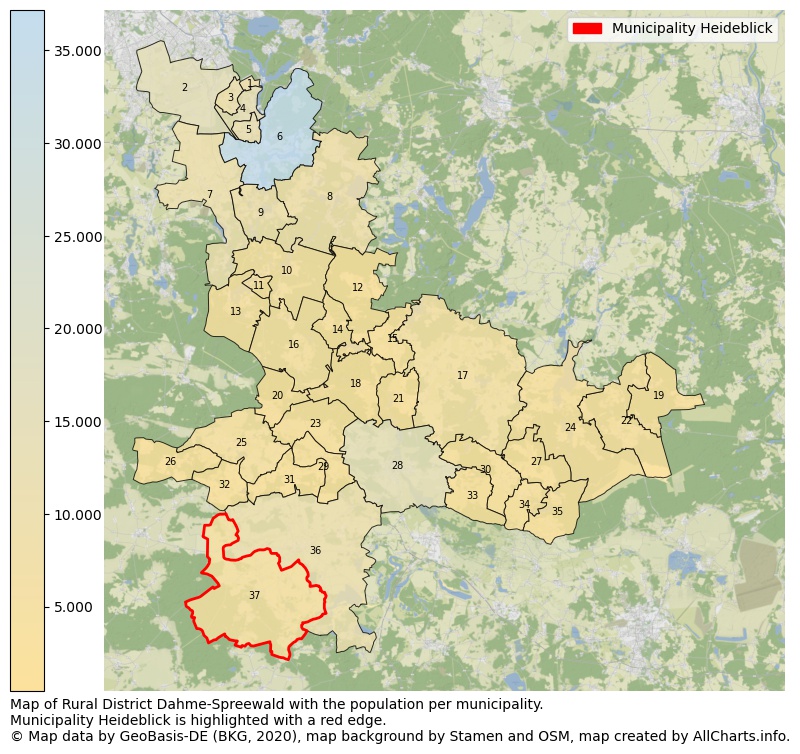 Map of Rural district Dahme-Spreewald with the population per municipality.Municipality Heideblick is highlighted with a red edge.. This page shows a lot of information about residents (such as the distribution by age groups, family composition, gender, native or German with an immigration background, ...), homes (numbers, types, price development, use, type of property, ...) and more (car ownership, energy consumption, ...) based on open data from the German Federal Agency for Cartography, the Federal Statistical Office (DESTATIS), the Regional Statistical Offices and various other sources!