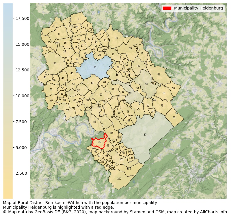 Map of Rural district Bernkastel-Wittlich with the population per municipality.Municipality Heidenburg is highlighted with a red edge.. This page shows a lot of information about residents (such as the distribution by age groups, family composition, gender, native or German with an immigration background, ...), homes (numbers, types, price development, use, type of property, ...) and more (car ownership, energy consumption, ...) based on open data from the German Federal Agency for Cartography, the Federal Statistical Office (DESTATIS), the Regional Statistical Offices and various other sources!