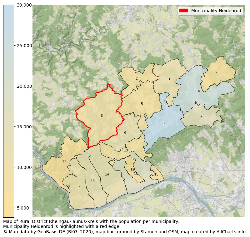 Map of Rural district Rheingau-Taunus-Kreis with the population per municipality.Municipality Heidenrod is highlighted with a red edge.. This page shows a lot of information about residents (such as the distribution by age groups, family composition, gender, native or German with an immigration background, ...), homes (numbers, types, price development, use, type of property, ...) and more (car ownership, energy consumption, ...) based on open data from the German Federal Agency for Cartography, the Federal Statistical Office (DESTATIS), the Regional Statistical Offices and various other sources!