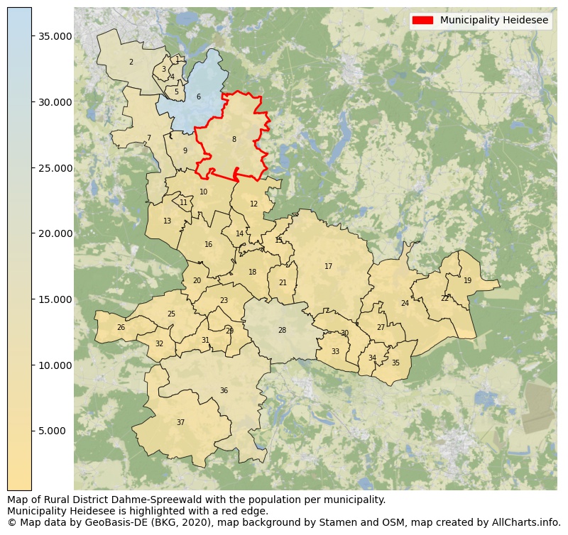 Map of Rural district Dahme-Spreewald with the population per municipality.Municipality Heidesee is highlighted with a red edge.. This page shows a lot of information about residents (such as the distribution by age groups, family composition, gender, native or German with an immigration background, ...), homes (numbers, types, price development, use, type of property, ...) and more (car ownership, energy consumption, ...) based on open data from the German Federal Agency for Cartography, the Federal Statistical Office (DESTATIS), the Regional Statistical Offices and various other sources!