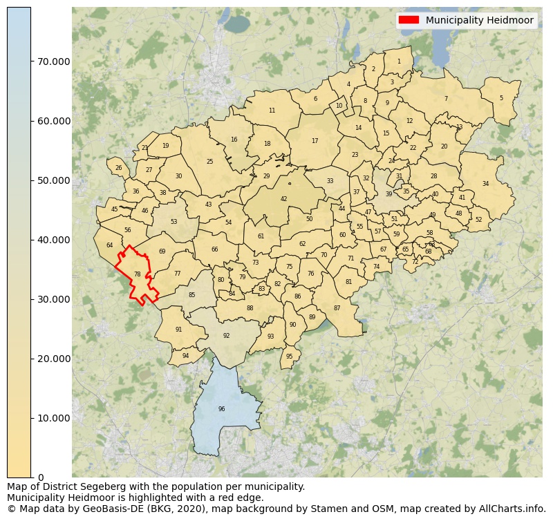 Map of District Segeberg with the population per municipality.Municipality Heidmoor is highlighted with a red edge.. This page shows a lot of information about residents (such as the distribution by age groups, family composition, gender, native or German with an immigration background, ...), homes (numbers, types, price development, use, type of property, ...) and more (car ownership, energy consumption, ...) based on open data from the German Federal Agency for Cartography, the Federal Statistical Office (DESTATIS), the Regional Statistical Offices and various other sources!