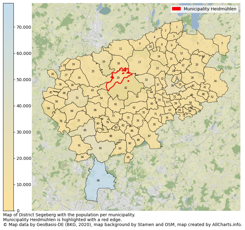 Map of District Segeberg with the population per municipality.Municipality Heidmühlen is highlighted with a red edge.. This page shows a lot of information about residents (such as the distribution by age groups, family composition, gender, native or German with an immigration background, ...), homes (numbers, types, price development, use, type of property, ...) and more (car ownership, energy consumption, ...) based on open data from the German Federal Agency for Cartography, the Federal Statistical Office (DESTATIS), the Regional Statistical Offices and various other sources!