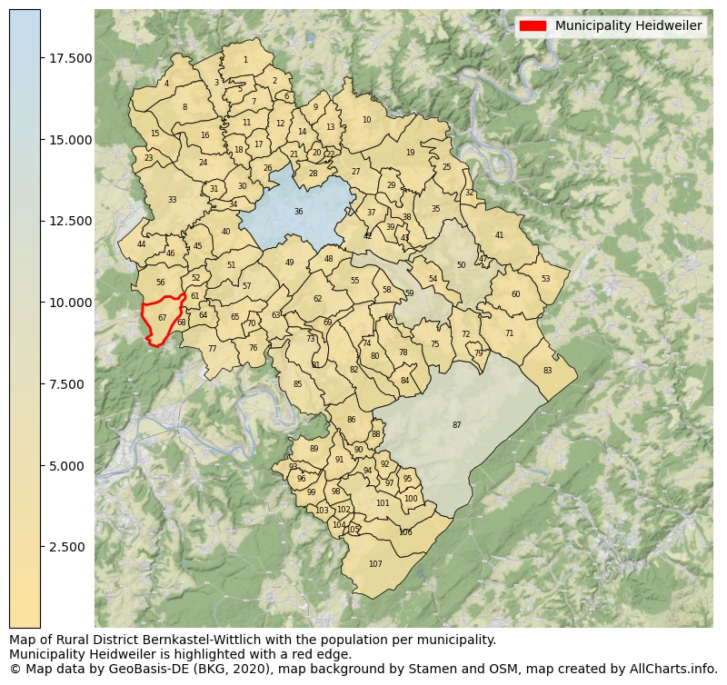 Map of Rural district Bernkastel-Wittlich with the population per municipality.Municipality Heidweiler is highlighted with a red edge.. This page shows a lot of information about residents (such as the distribution by age groups, family composition, gender, native or German with an immigration background, ...), homes (numbers, types, price development, use, type of property, ...) and more (car ownership, energy consumption, ...) based on open data from the German Federal Agency for Cartography, the Federal Statistical Office (DESTATIS), the Regional Statistical Offices and various other sources!