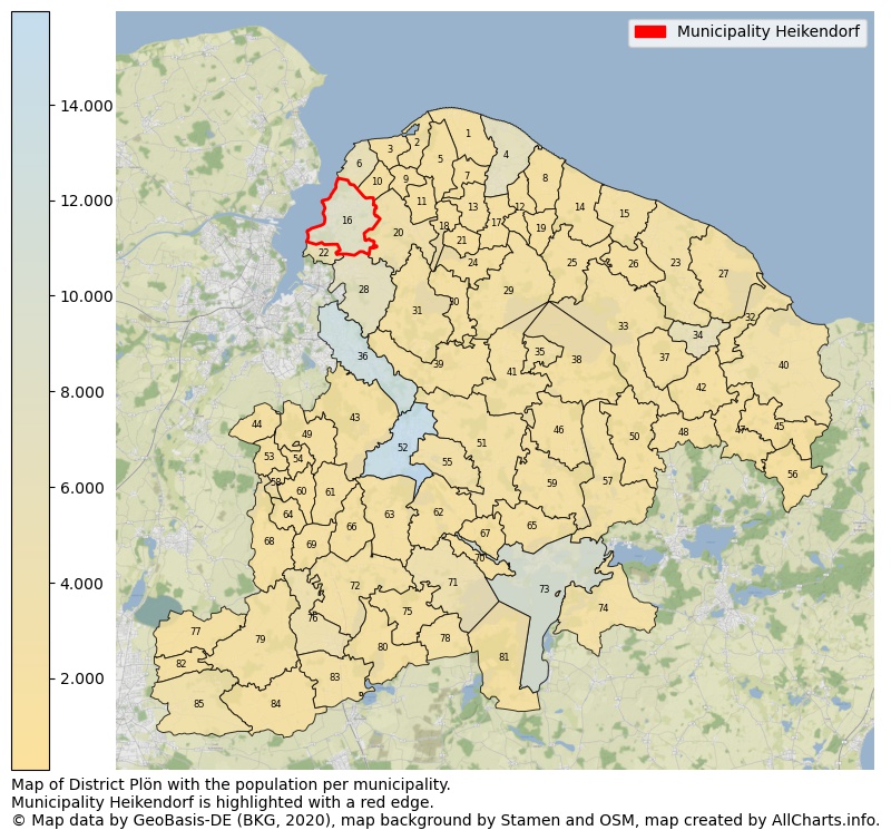 Map of District Plön with the population per municipality.Municipality Heikendorf is highlighted with a red edge.. This page shows a lot of information about residents (such as the distribution by age groups, family composition, gender, native or German with an immigration background, ...), homes (numbers, types, price development, use, type of property, ...) and more (car ownership, energy consumption, ...) based on open data from the German Federal Agency for Cartography, the Federal Statistical Office (DESTATIS), the Regional Statistical Offices and various other sources!