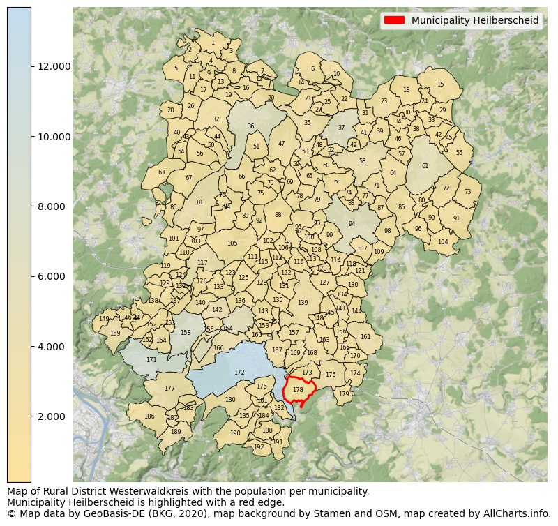 Map of Rural district Westerwaldkreis with the population per municipality.Municipality Heilberscheid is highlighted with a red edge.. This page shows a lot of information about residents (such as the distribution by age groups, family composition, gender, native or German with an immigration background, ...), homes (numbers, types, price development, use, type of property, ...) and more (car ownership, energy consumption, ...) based on open data from the German Federal Agency for Cartography, the Federal Statistical Office (DESTATIS), the Regional Statistical Offices and various other sources!