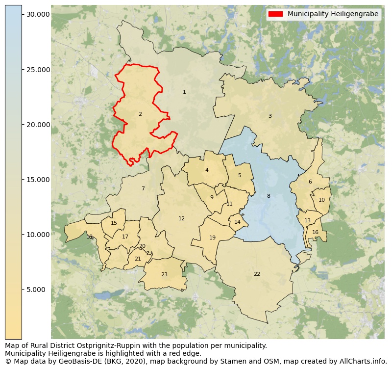 Map of Rural district Ostprignitz-Ruppin with the population per municipality.Municipality Heiligengrabe is highlighted with a red edge.. This page shows a lot of information about residents (such as the distribution by age groups, family composition, gender, native or German with an immigration background, ...), homes (numbers, types, price development, use, type of property, ...) and more (car ownership, energy consumption, ...) based on open data from the German Federal Agency for Cartography, the Federal Statistical Office (DESTATIS), the Regional Statistical Offices and various other sources!