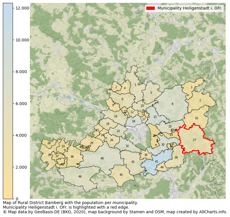 Map of Rural district Bamberg with the population per municipality.Municipality Heiligenstadt i. OFr. is highlighted with a red edge.. This page shows a lot of information about residents (such as the distribution by age groups, family composition, gender, native or German with an immigration background, ...), homes (numbers, types, price development, use, type of property, ...) and more (car ownership, energy consumption, ...) based on open data from the German Federal Agency for Cartography, the Federal Statistical Office (DESTATIS), the Regional Statistical Offices and various other sources!