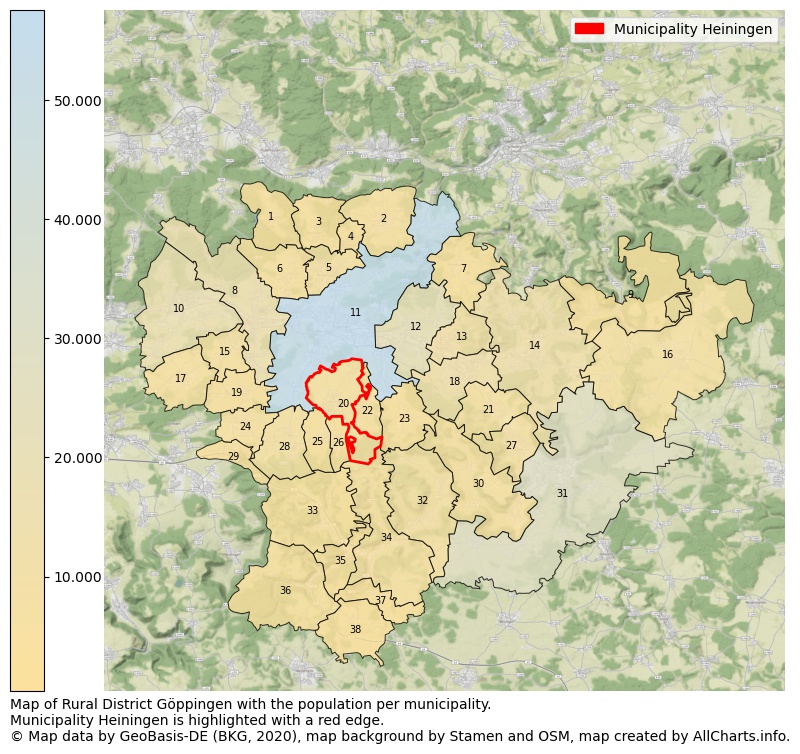 Map of Rural district Göppingen with the population per municipality.Municipality Heiningen is highlighted with a red edge.. This page shows a lot of information about residents (such as the distribution by age groups, family composition, gender, native or German with an immigration background, ...), homes (numbers, types, price development, use, type of property, ...) and more (car ownership, energy consumption, ...) based on open data from the German Federal Agency for Cartography, the Federal Statistical Office (DESTATIS), the Regional Statistical Offices and various other sources!