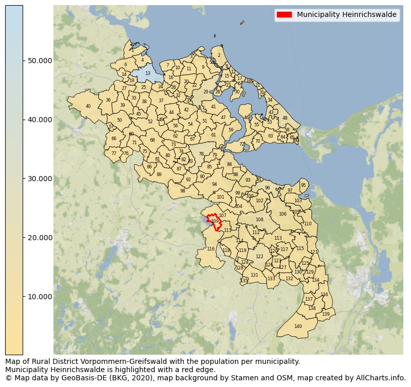 Map of Rural district Vorpommern-Greifswald with the population per municipality.Municipality Heinrichswalde is highlighted with a red edge.. This page shows a lot of information about residents (such as the distribution by age groups, family composition, gender, native or German with an immigration background, ...), homes (numbers, types, price development, use, type of property, ...) and more (car ownership, energy consumption, ...) based on open data from the German Federal Agency for Cartography, the Federal Statistical Office (DESTATIS), the Regional Statistical Offices and various other sources!