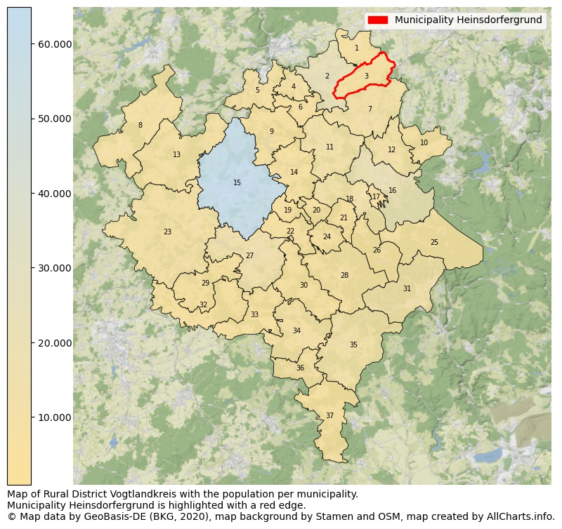 Map of Rural district Vogtlandkreis with the population per municipality.Municipality Heinsdorfergrund is highlighted with a red edge.. This page shows a lot of information about residents (such as the distribution by age groups, family composition, gender, native or German with an immigration background, ...), homes (numbers, types, price development, use, type of property, ...) and more (car ownership, energy consumption, ...) based on open data from the German Federal Agency for Cartography, the Federal Statistical Office (DESTATIS), the Regional Statistical Offices and various other sources!