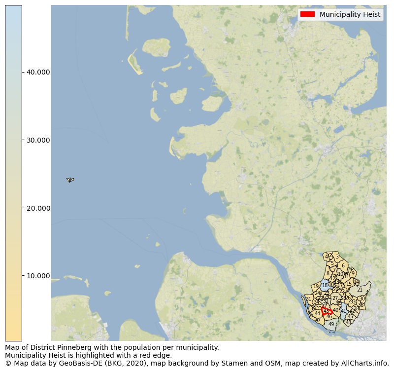 Map of District Pinneberg with the population per municipality.Municipality Heist is highlighted with a red edge.. This page shows a lot of information about residents (such as the distribution by age groups, family composition, gender, native or German with an immigration background, ...), homes (numbers, types, price development, use, type of property, ...) and more (car ownership, energy consumption, ...) based on open data from the German Federal Agency for Cartography, the Federal Statistical Office (DESTATIS), the Regional Statistical Offices and various other sources!