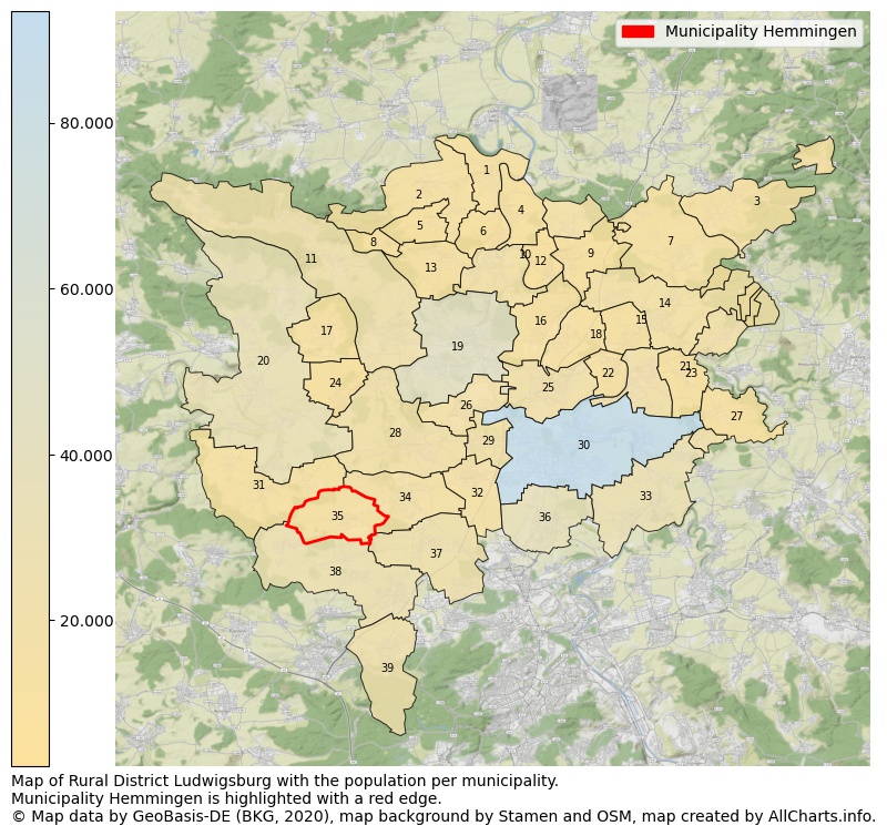 Map of Rural district Ludwigsburg with the population per municipality.Municipality Hemmingen is highlighted with a red edge.. This page shows a lot of information about residents (such as the distribution by age groups, family composition, gender, native or German with an immigration background, ...), homes (numbers, types, price development, use, type of property, ...) and more (car ownership, energy consumption, ...) based on open data from the German Federal Agency for Cartography, the Federal Statistical Office (DESTATIS), the Regional Statistical Offices and various other sources!