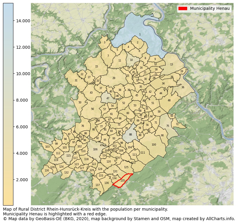 Map of Rural district Rhein-Hunsrück-Kreis with the population per municipality.Municipality Henau is highlighted with a red edge.. This page shows a lot of information about residents (such as the distribution by age groups, family composition, gender, native or German with an immigration background, ...), homes (numbers, types, price development, use, type of property, ...) and more (car ownership, energy consumption, ...) based on open data from the German Federal Agency for Cartography, the Federal Statistical Office (DESTATIS), the Regional Statistical Offices and various other sources!