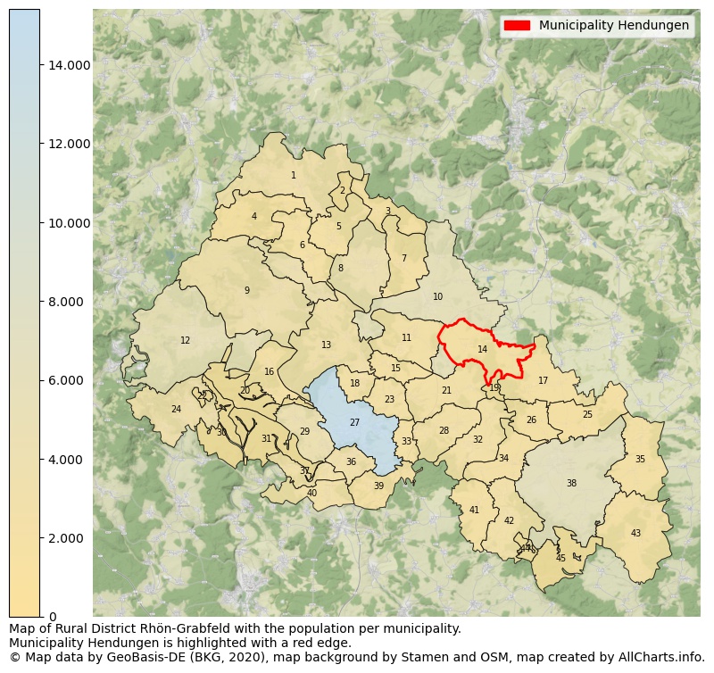 Map of Rural district Rhön-Grabfeld with the population per municipality.Municipality Hendungen is highlighted with a red edge.. This page shows a lot of information about residents (such as the distribution by age groups, family composition, gender, native or German with an immigration background, ...), homes (numbers, types, price development, use, type of property, ...) and more (car ownership, energy consumption, ...) based on open data from the German Federal Agency for Cartography, the Federal Statistical Office (DESTATIS), the Regional Statistical Offices and various other sources!