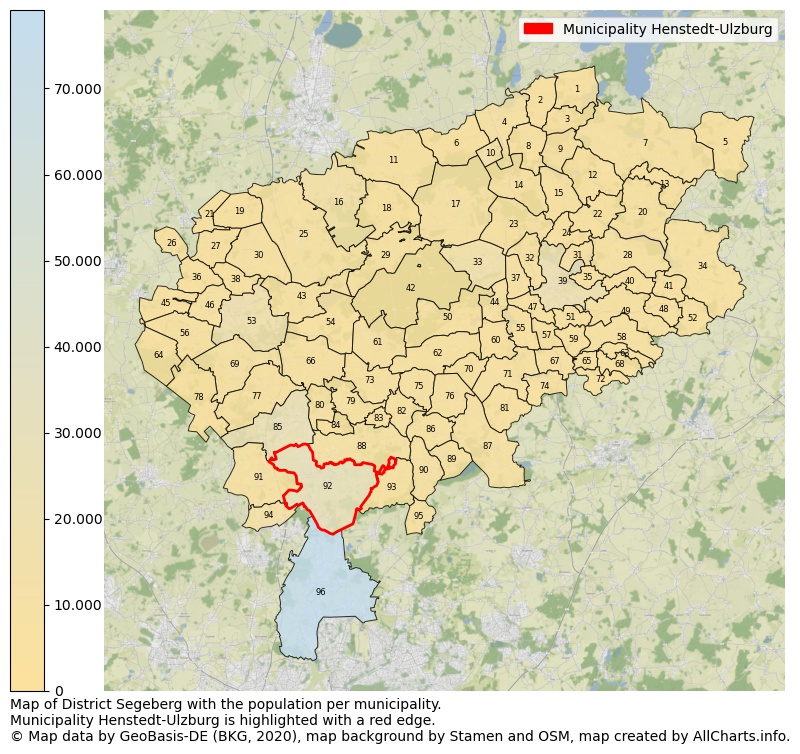 Map of District Segeberg with the population per municipality.Municipality Henstedt-Ulzburg is highlighted with a red edge.. This page shows a lot of information about residents (such as the distribution by age groups, family composition, gender, native or German with an immigration background, ...), homes (numbers, types, price development, use, type of property, ...) and more (car ownership, energy consumption, ...) based on open data from the German Federal Agency for Cartography, the Federal Statistical Office (DESTATIS), the Regional Statistical Offices and various other sources!