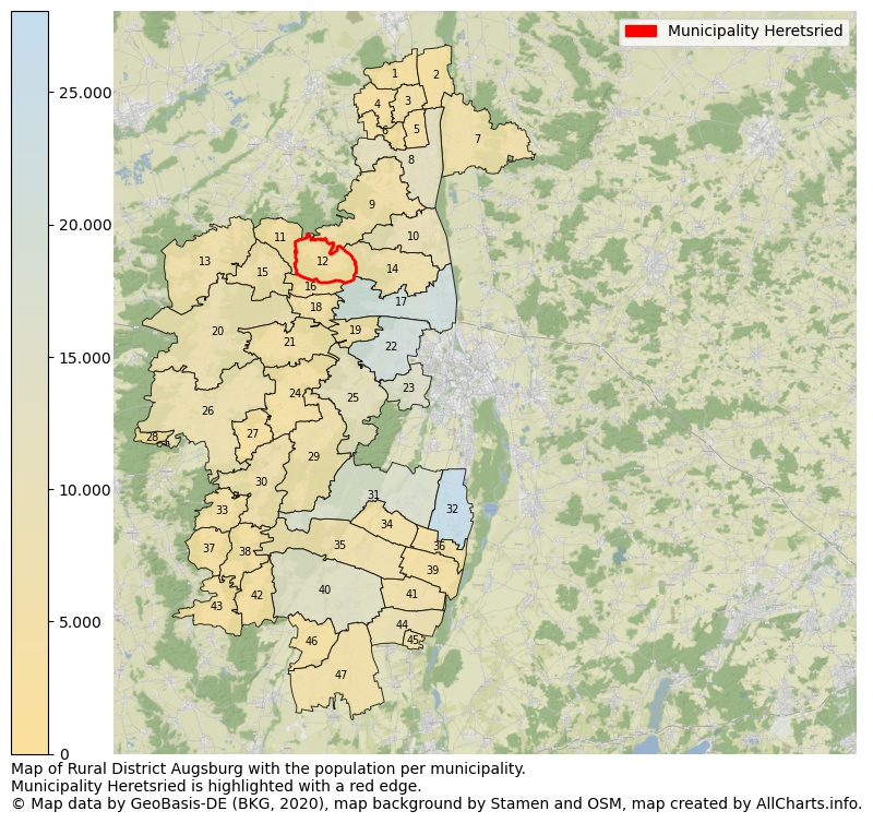 Map of Rural district Augsburg with the population per municipality.Municipality Heretsried is highlighted with a red edge.. This page shows a lot of information about residents (such as the distribution by age groups, family composition, gender, native or German with an immigration background, ...), homes (numbers, types, price development, use, type of property, ...) and more (car ownership, energy consumption, ...) based on open data from the German Federal Agency for Cartography, the Federal Statistical Office (DESTATIS), the Regional Statistical Offices and various other sources!