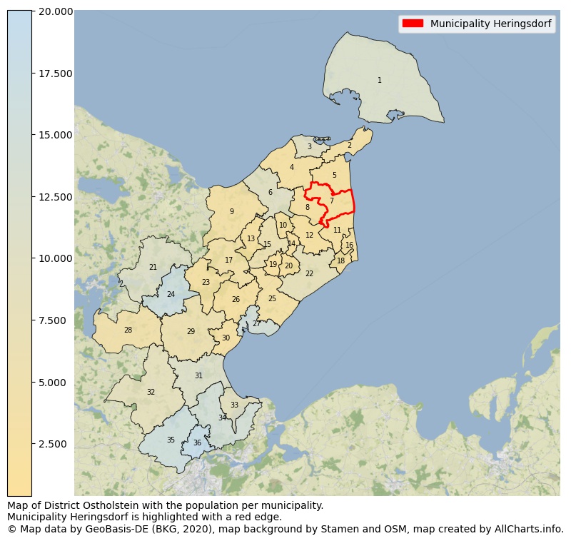 Map of District Ostholstein with the population per municipality.Municipality Heringsdorf is highlighted with a red edge.. This page shows a lot of information about residents (such as the distribution by age groups, family composition, gender, native or German with an immigration background, ...), homes (numbers, types, price development, use, type of property, ...) and more (car ownership, energy consumption, ...) based on open data from the German Federal Agency for Cartography, the Federal Statistical Office (DESTATIS), the Regional Statistical Offices and various other sources!