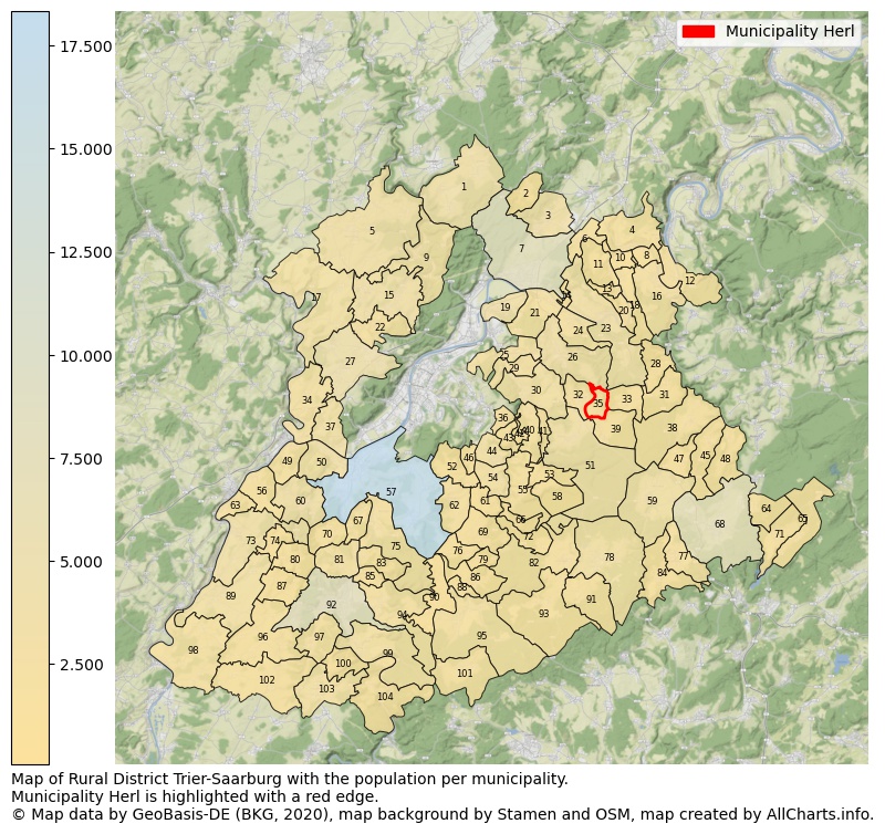 Map of Rural district Trier-Saarburg with the population per municipality.Municipality Herl is highlighted with a red edge.. This page shows a lot of information about residents (such as the distribution by age groups, family composition, gender, native or German with an immigration background, ...), homes (numbers, types, price development, use, type of property, ...) and more (car ownership, energy consumption, ...) based on open data from the German Federal Agency for Cartography, the Federal Statistical Office (DESTATIS), the Regional Statistical Offices and various other sources!